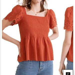 Madewell Kate eyelet shirred top in dark orange.
